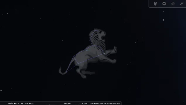 A view of the starry sky with lines joining up the stars in Leo and an illustration of a lion over the constellation.