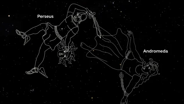 Outlines of the Ancient Greek hero Perseus and his wife Andromeda on a starry night sky background.