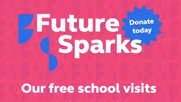 A graphic image with white writing on a pink background reading 'Future Sparks - our free school visits programme'