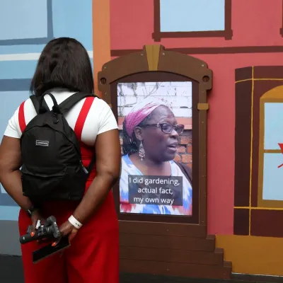 One of the 'talking head' displays in the Street Scene mural