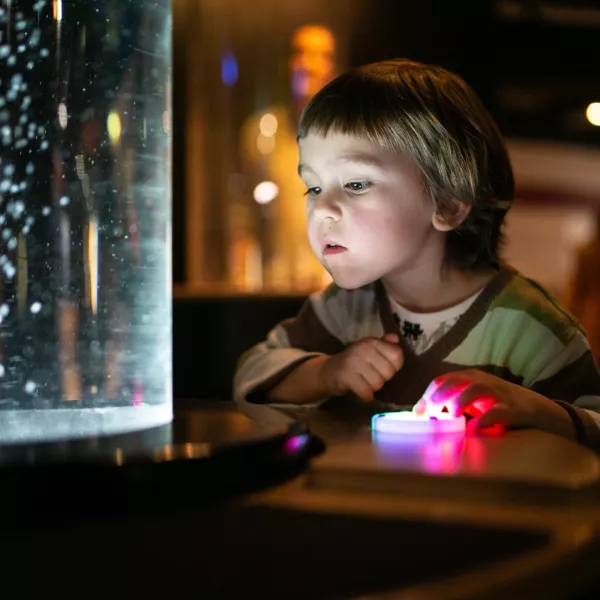 A young child playing with an exhibit and watching bubbles blow up in front of their face