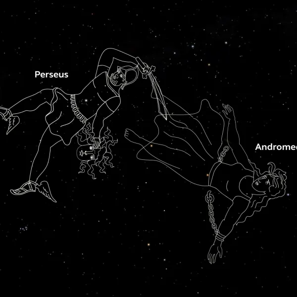 Outlines of the Ancient Greek hero Perseus and his wife Andromeda on a starry night sky background.